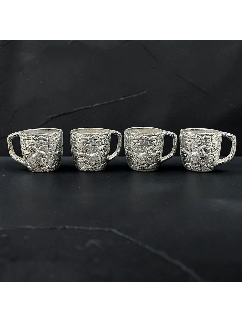 Rare Vintage 1991 CBK Ltd Bunny Rabbit Aluminum Cups Set of 4 Embossed Leaves 3